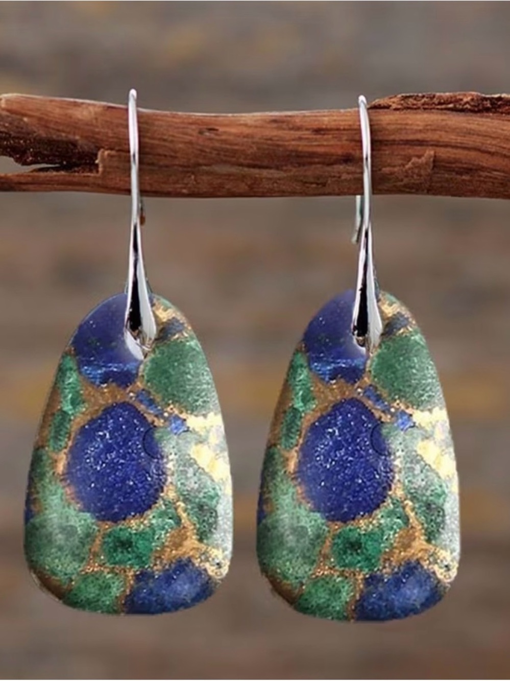 Artisan Blue and Green Enamel Drop Earrings - Picture 2 of 5